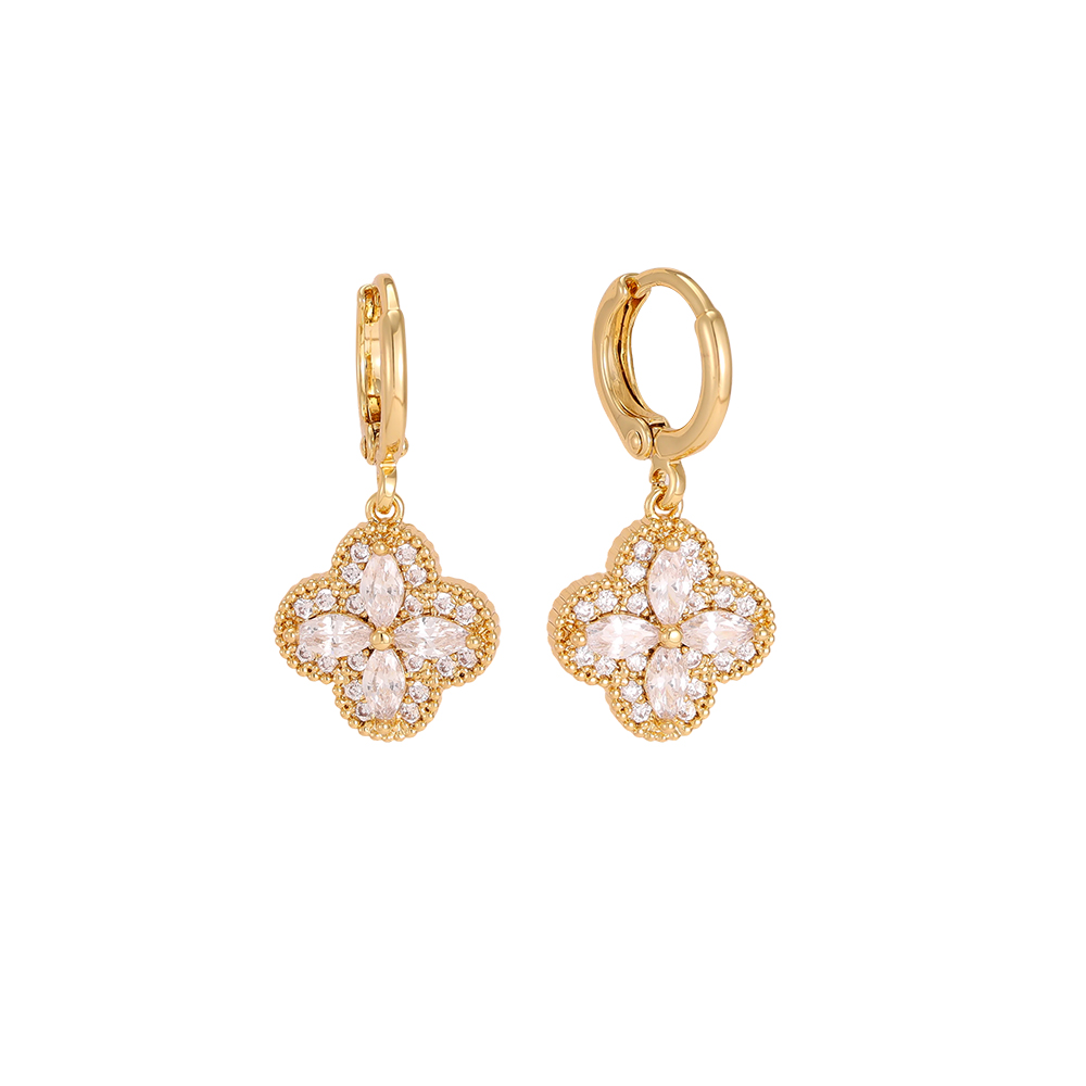 Gold-plated earrings, 28mm, cubic zirconia, four-leaf clover
