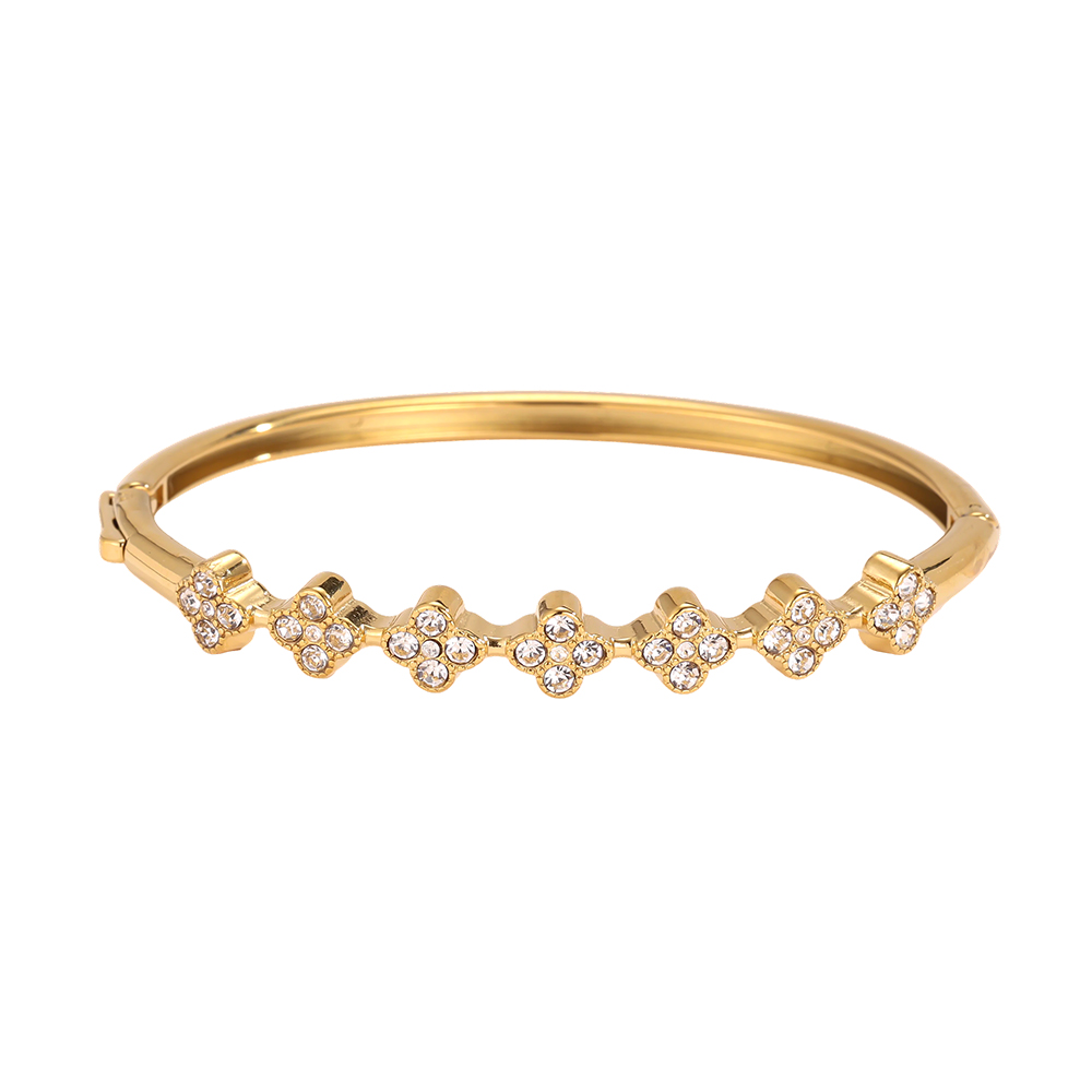 Stainless steel bangle, 6 cm, with lots of cubic zirconia in a cloverleaf design   