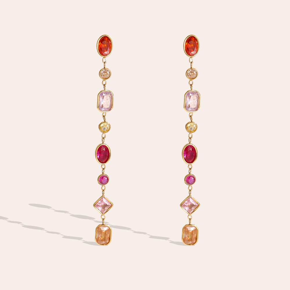 Stainless steel earrings, 7 × 0.7 mm, colourful rhinestones in various shapes