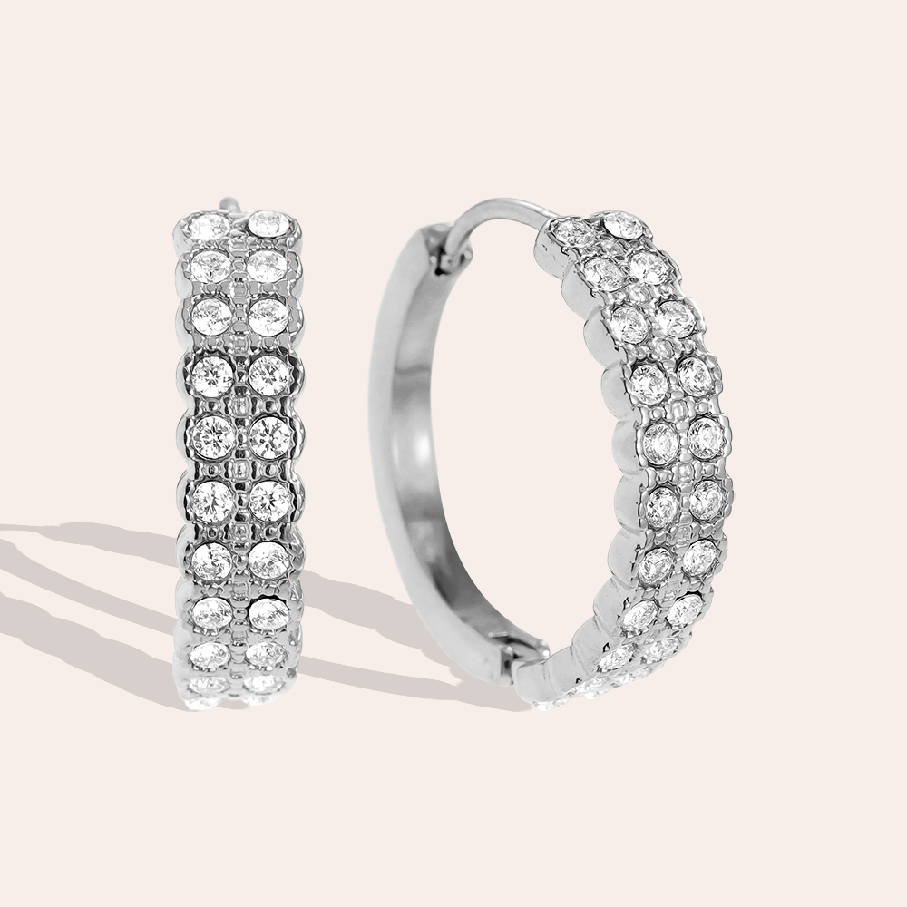 Stainless steel earrings, 21 mm, half-set, double-row, cubic zirconia