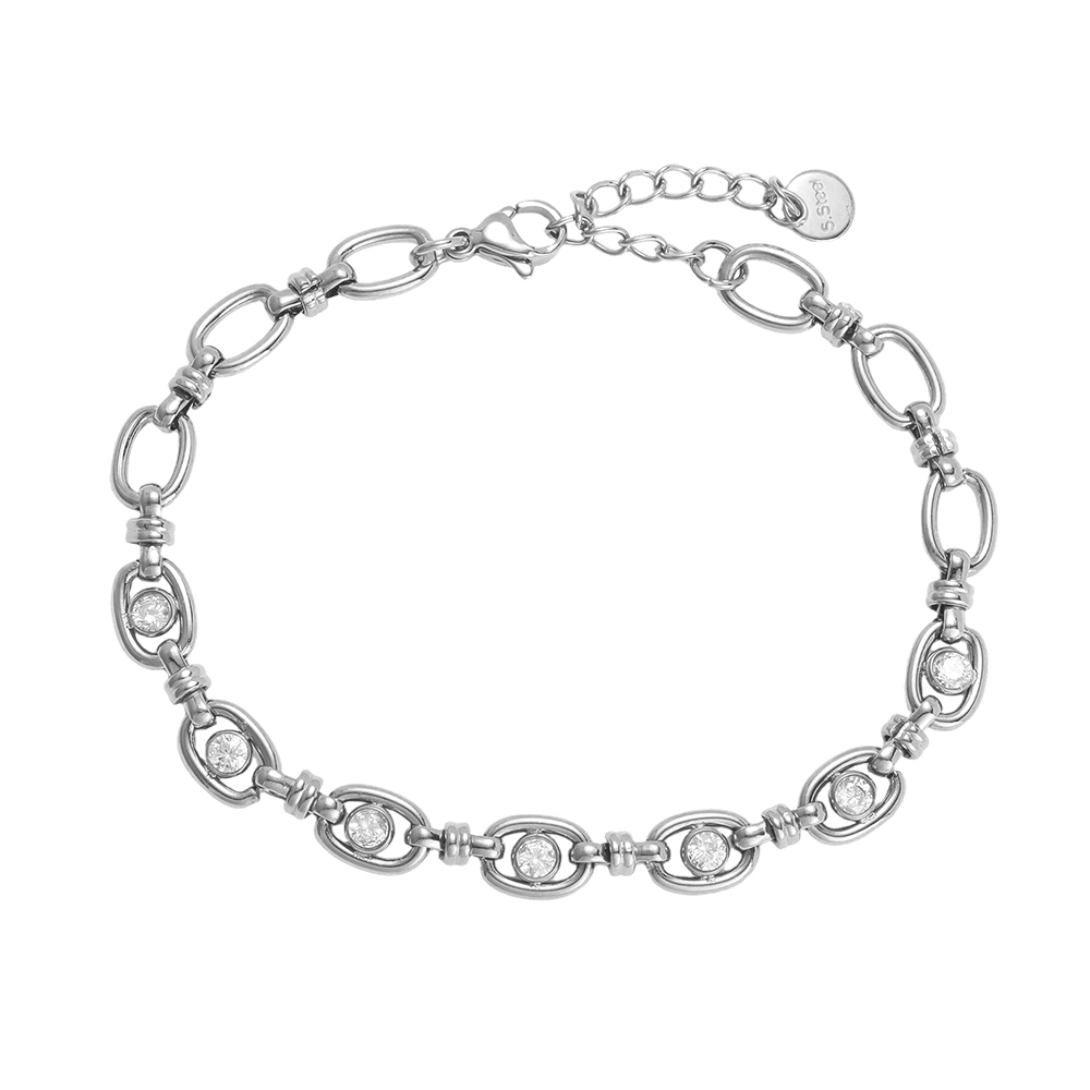 Stainless steel bracelet, 17 cm, with an oval chain and cubic zirconia