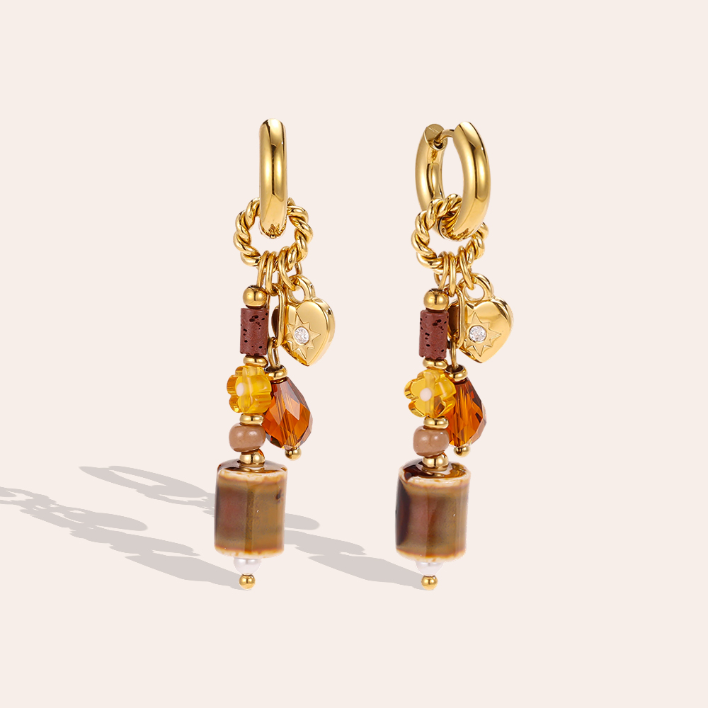 Stainless steel earrings, 51 x 14 mm, brown cylinder with decoration