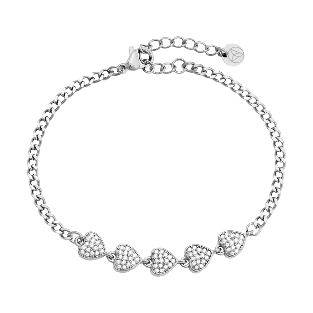 Stainless steel bracelet, 16 cm, with 5 zirconia hearts