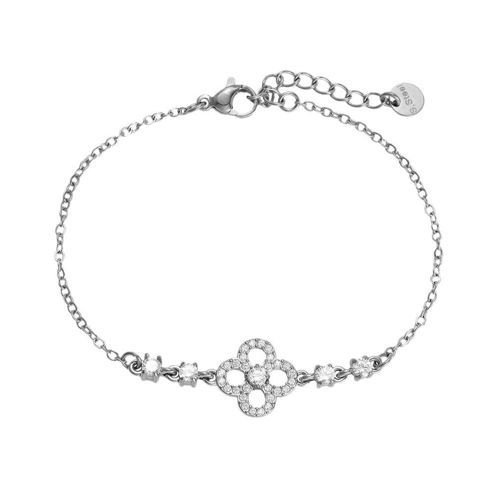 17cm stainless steel bracelet with filigree zirconia cloverleaf