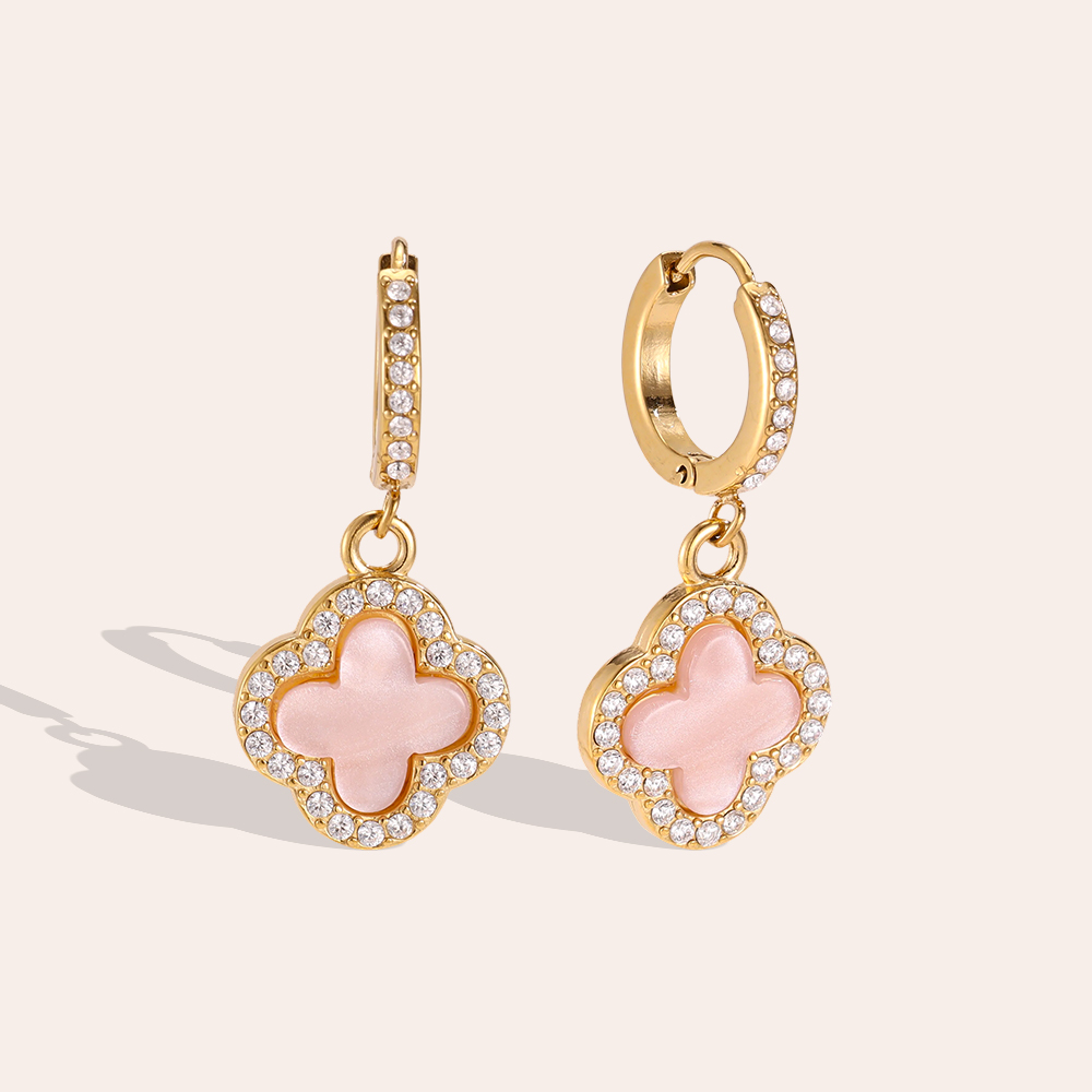 Stainless steel earrings, 25mm acrylic cloverleaf with a zirconia border