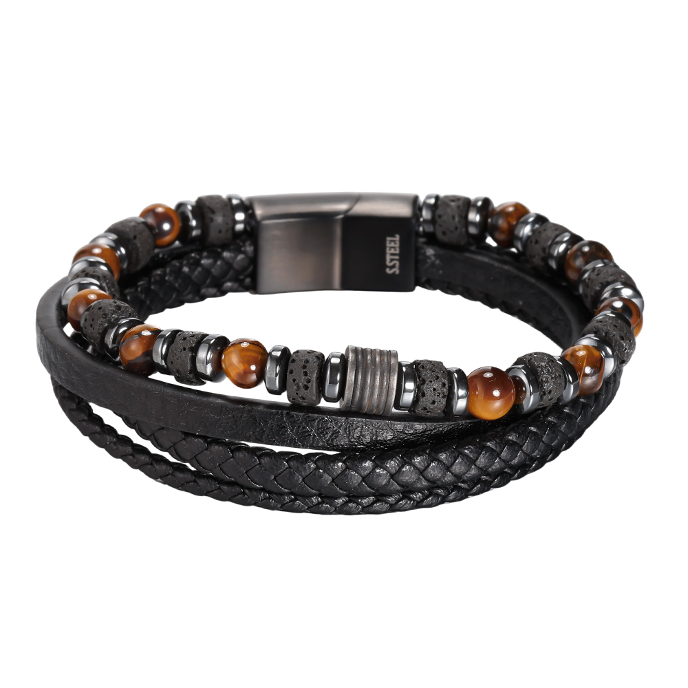  Stainless steel bracelet, PU braid, multi-layered natural stone