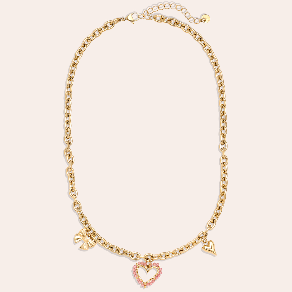 Stainless steel necklace 42cm Pink Heart And Charms
