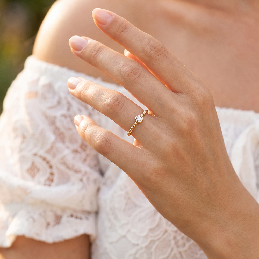Stainless steel ring, adjustable, round zirconia