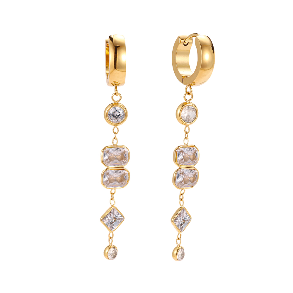 Stainless steel earrings, 56 × 14 mm, assorted cubic zirconia