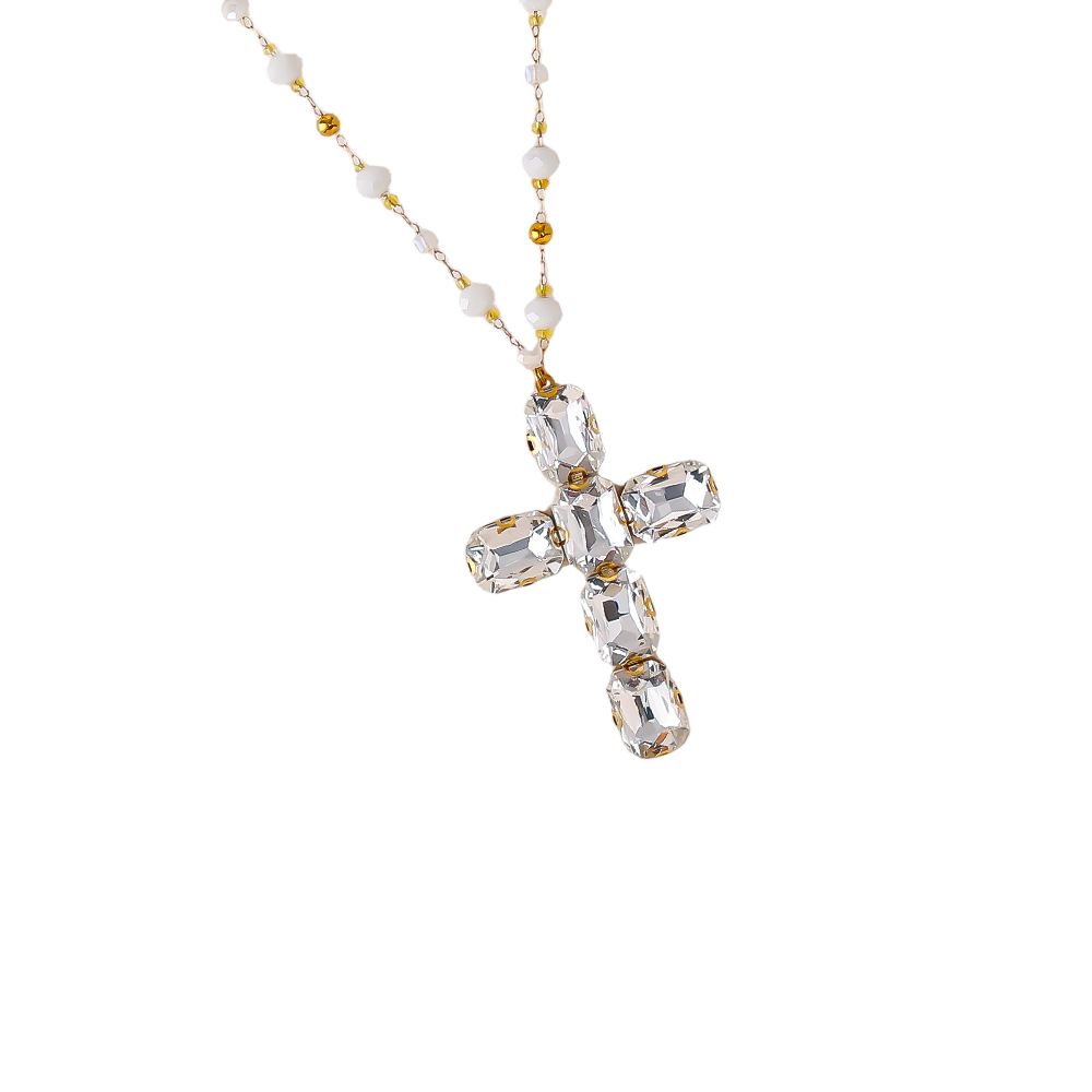 Stainless steel necklace 86cm glass crystal cross 