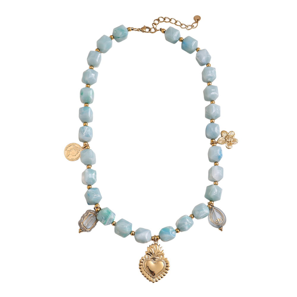 Stainless steel necklace 45cm chain with small acrylic cubes and golden flower, heart