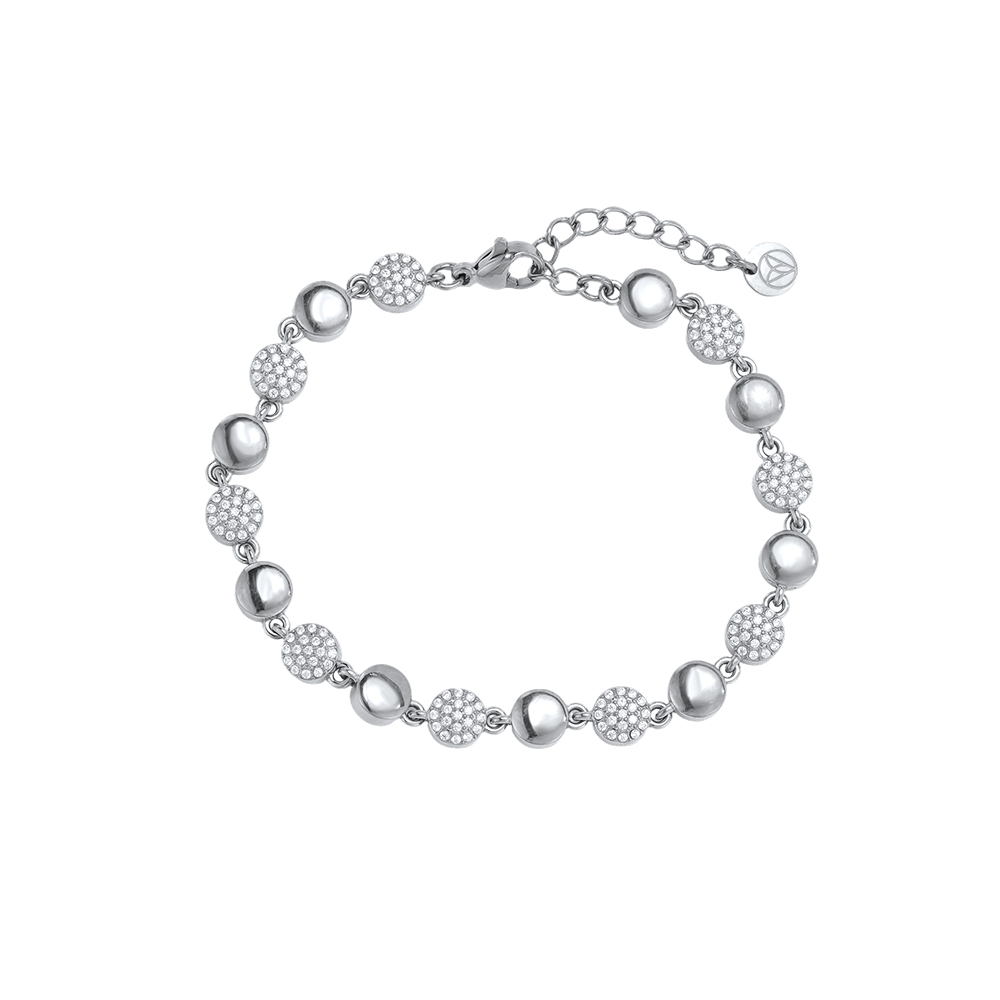 Stainless steel bracelet, 17 cm, with cubic zirconia discs and discs