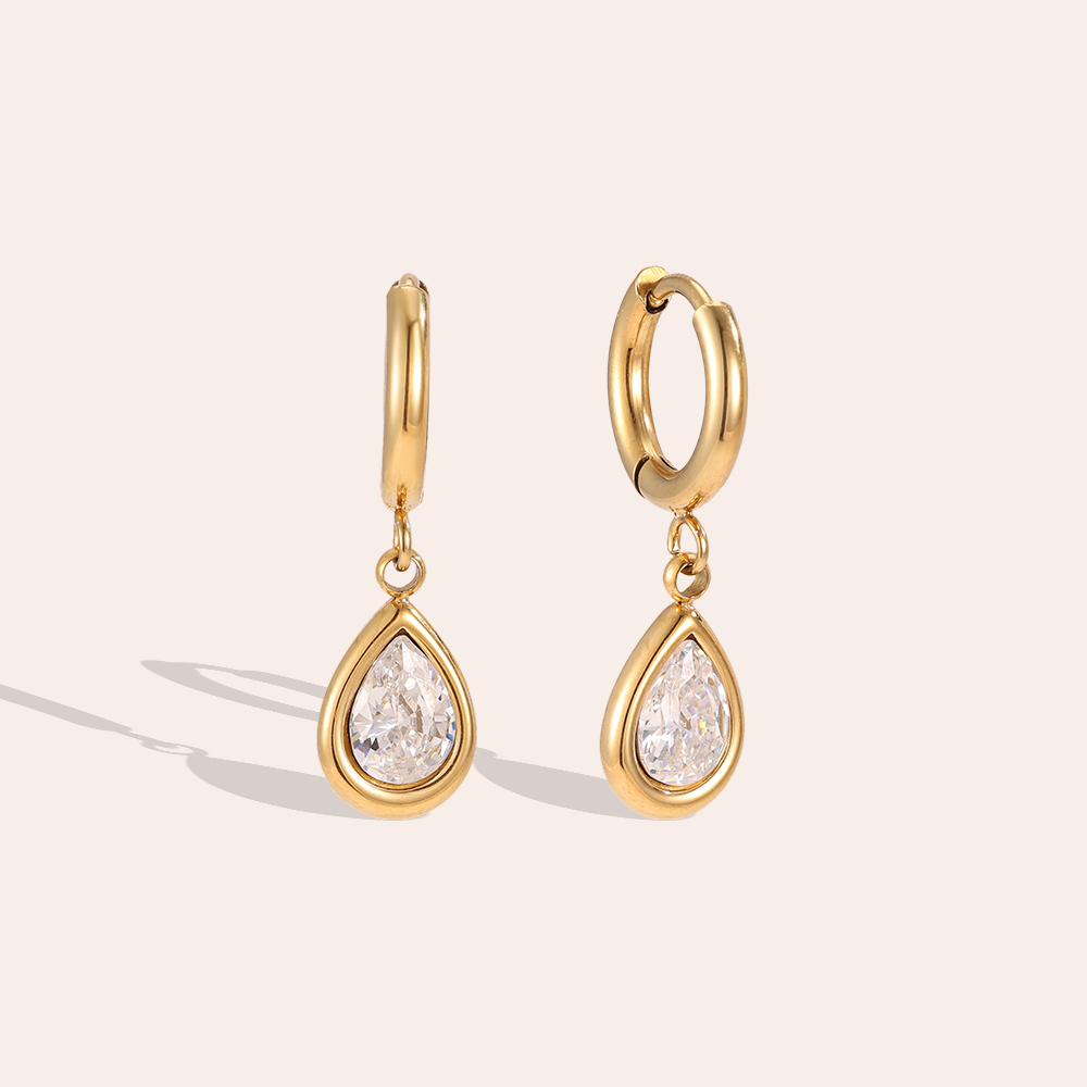 Stainless steel earrings, 23mm teardrop-shaped cubic zirconia