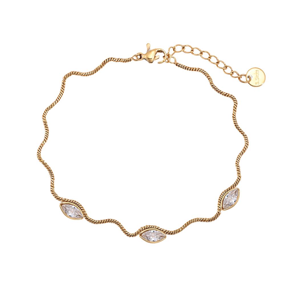 Stainless steel bracelet, 17 cm, wave chain with eyelet and cubic zirconia