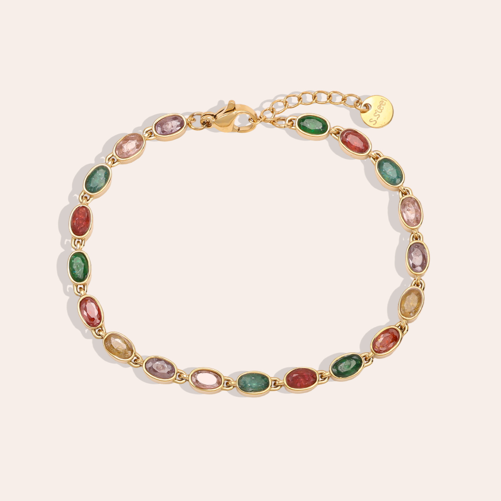 Stainless steel bracelet, 17 cm, with lots of oval, colourful, sparkling cubic zirconia stones     