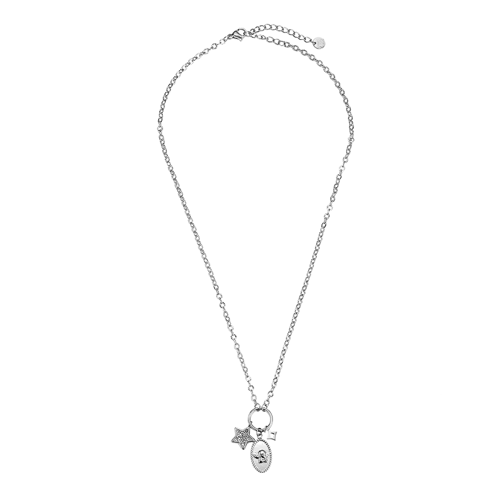 43cm Diamond Star And Angel Shield Stainless Steel Necklace   