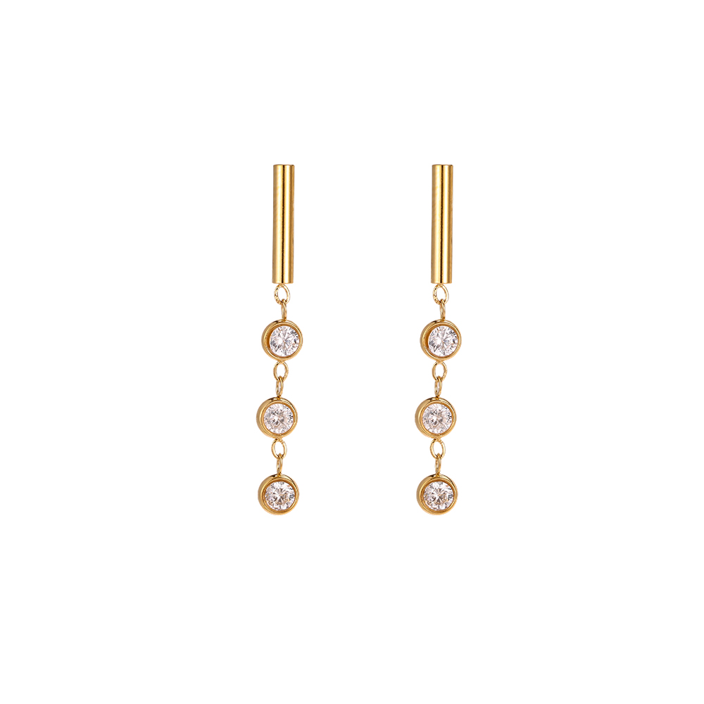 Stainless steel earrings, 32×4 mm, three round cubic zirconia stones