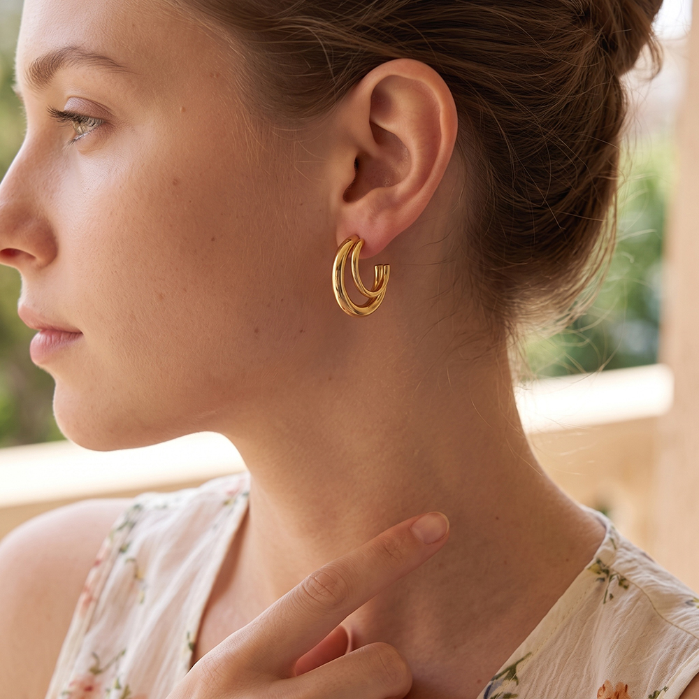 Stainless steel earrings, 25mm, two half-hoops  