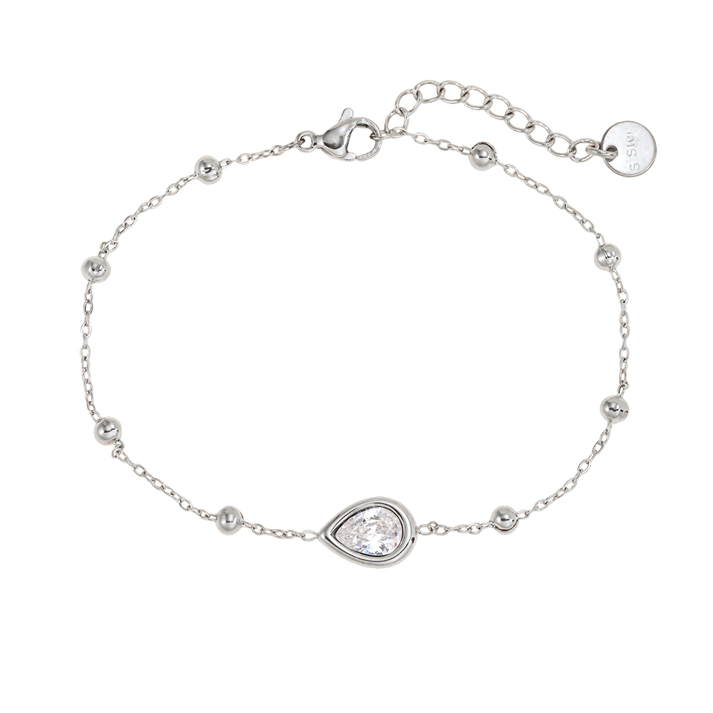 Stainless steel bracelet, 17 cm, with teardrop-shaped cubic zirconia