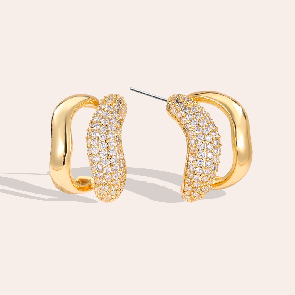 Gold-plated earrings 18mm zirconia two-layer soft wave