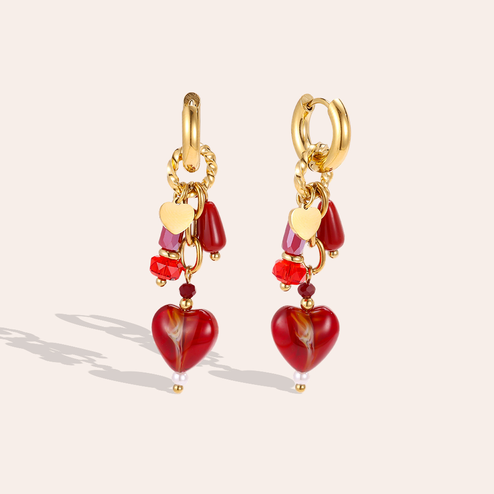 Stainless steel earrings, 48 × 14 mm, red heart