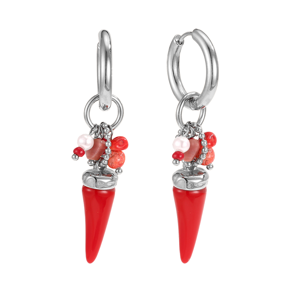 Stainless steel earrings, 56×20 mm, red chilli beads