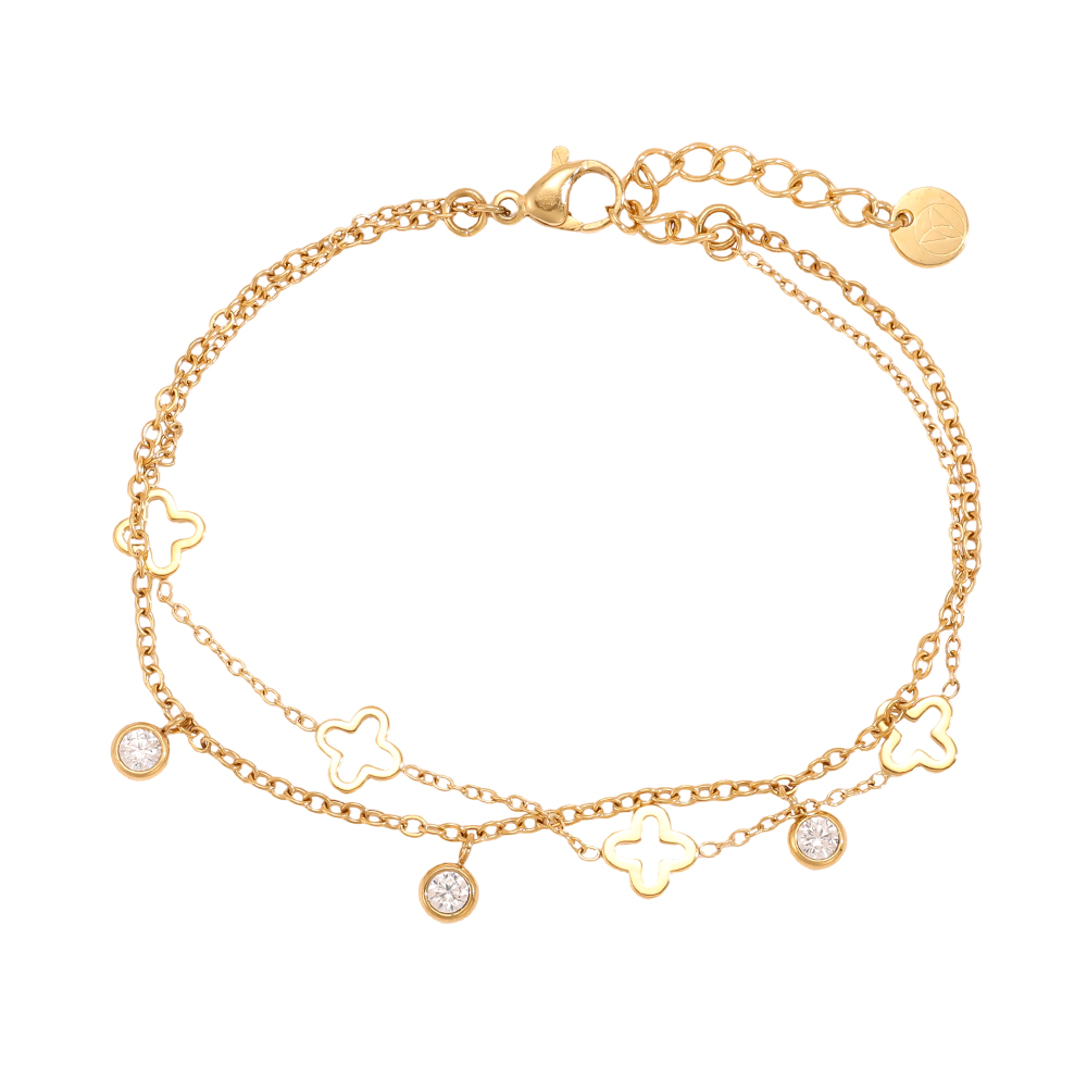 17cm stainless steel bracelet with a double-layered shamrock design featuring cubic zirconia