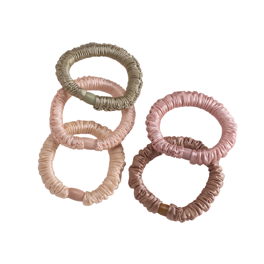 Set of 5 light-coloured pastel satin fine scrunchies     