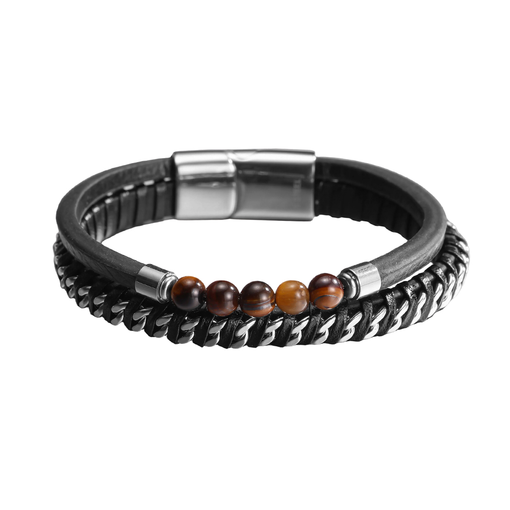 Stainless steel bracelet with PU multi-strand chain and natural stone
