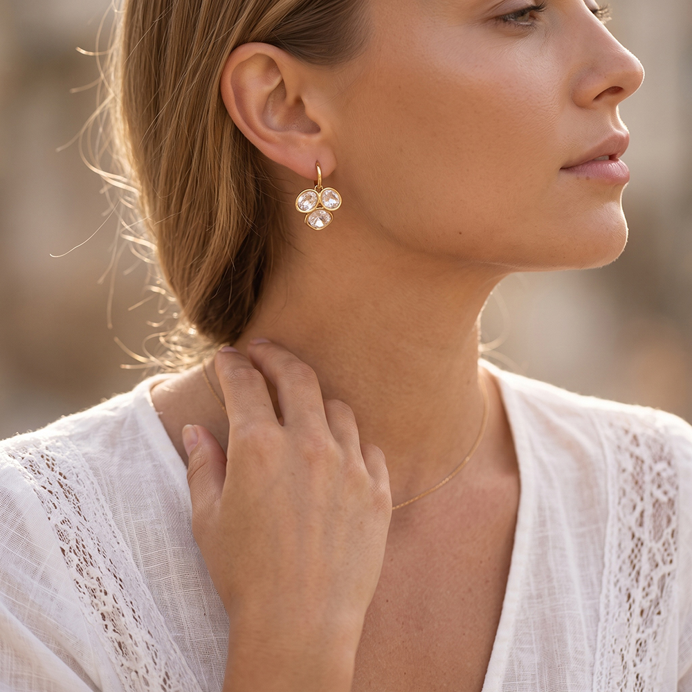 Stainless steel earrings, 35 × 23 mm, with three glass stones in different colours  