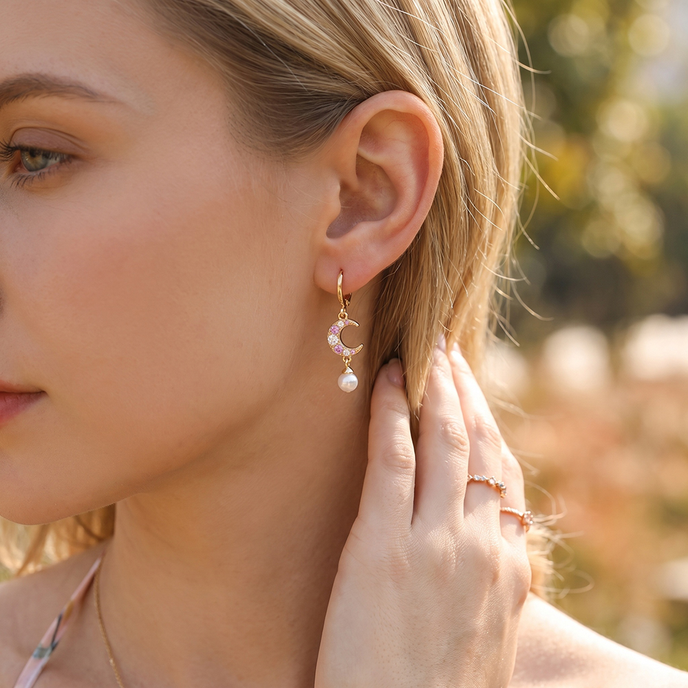 Gold-plated earrings, 36mm, cubic zirconia moon