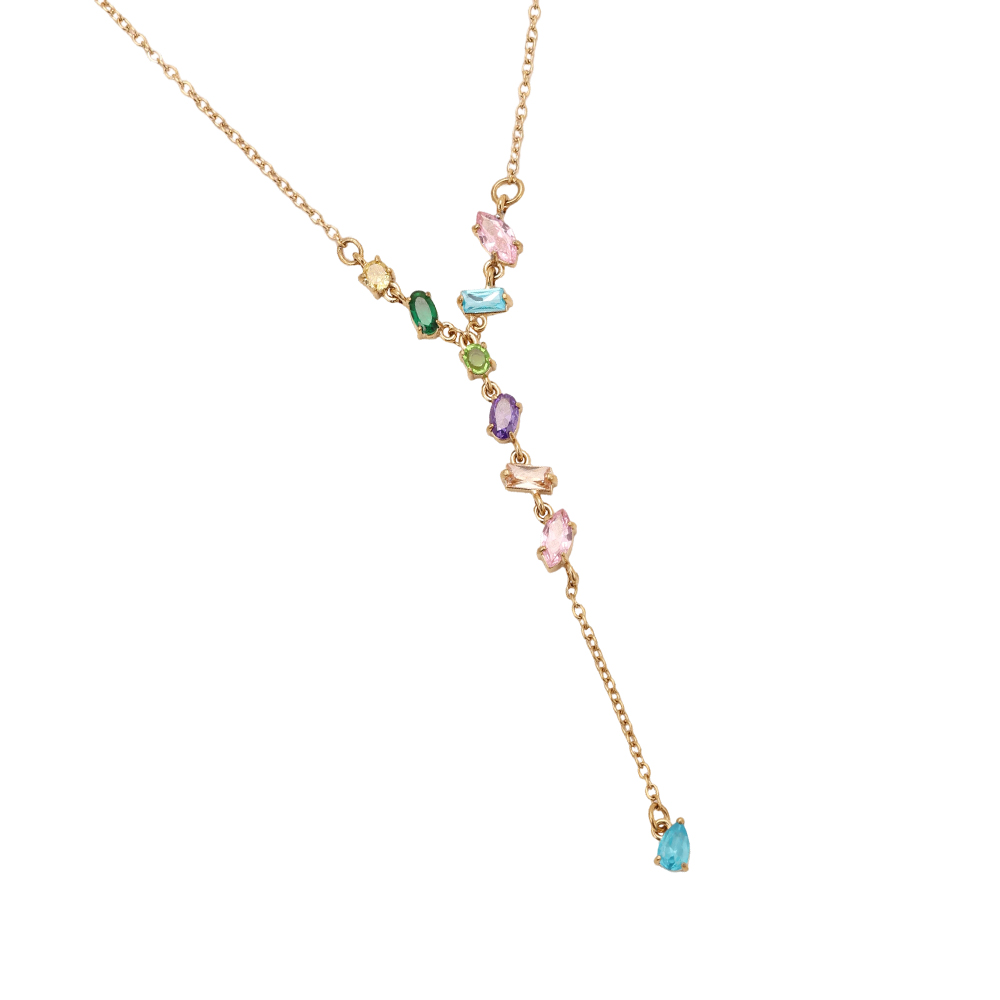 Stainless steel necklace, 40 cm, featuring various shapes and sparkling cubic zirconia