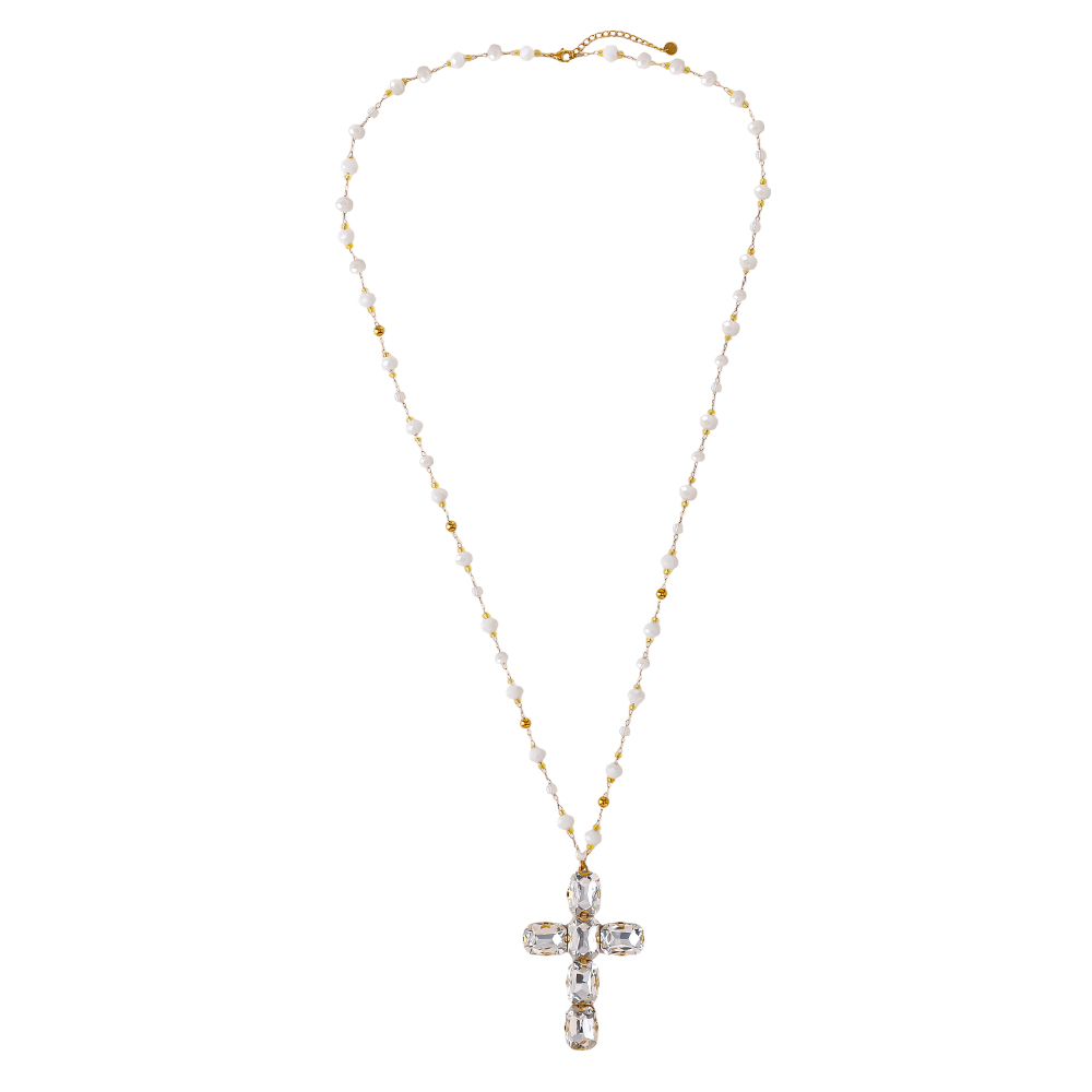 Stainless steel necklace 86cm glass crystal cross 