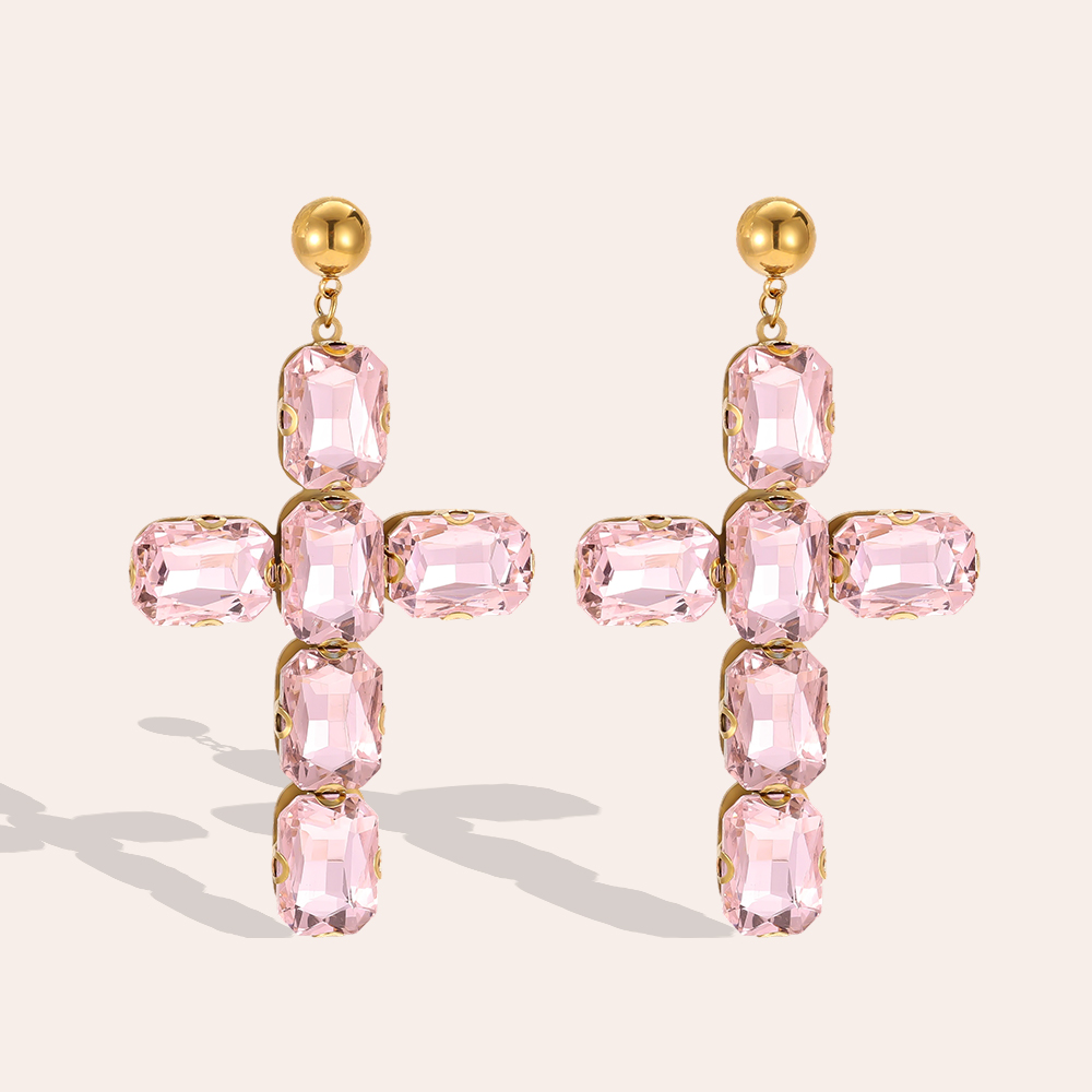 Stainless steel earrings, 70 mm, glass crystal cross 