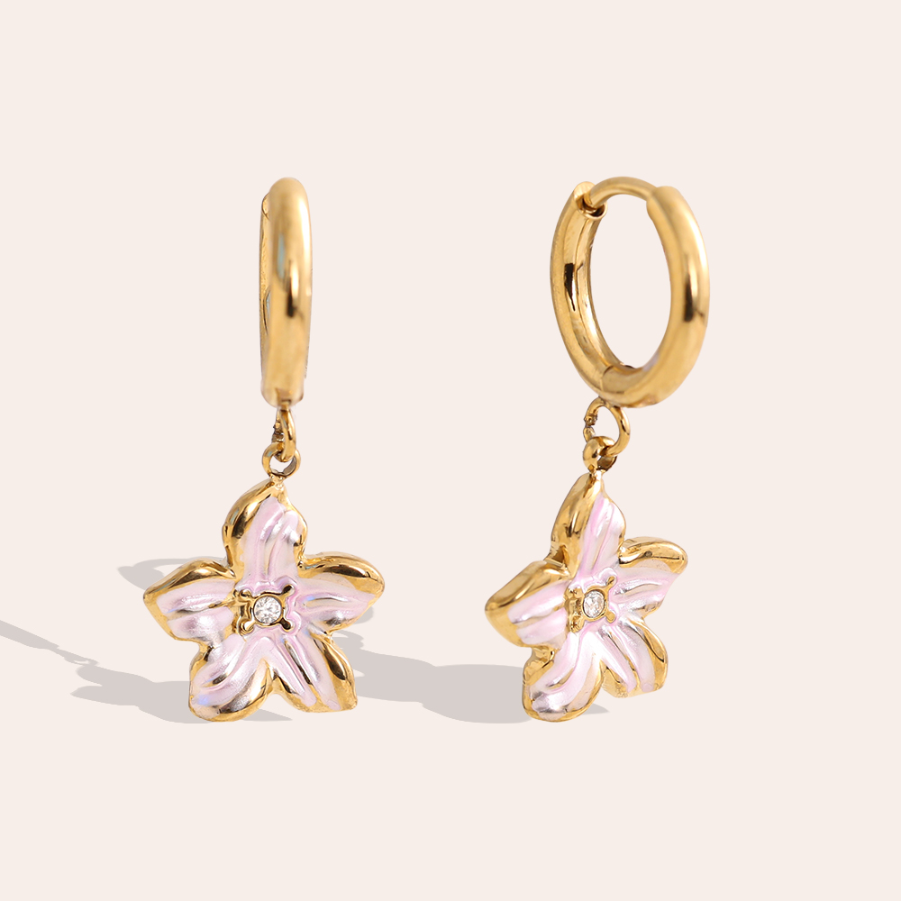 Stainless steel earrings 1.2*2.6cm pink flowers