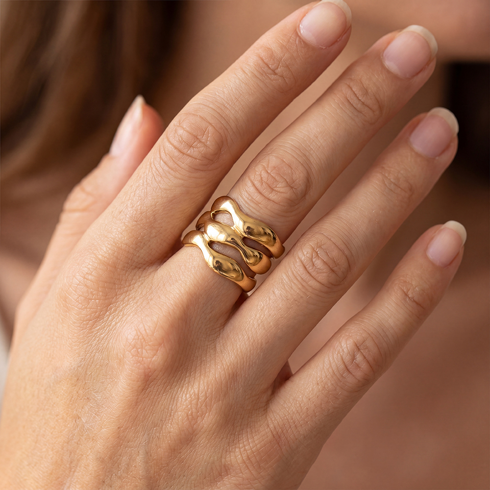 Stainless steel ring, adjustable, wave design, multi-row