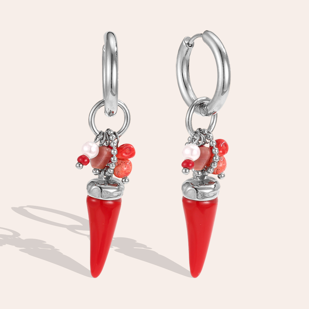 Stainless steel earrings, 56×20 mm, red chilli beads