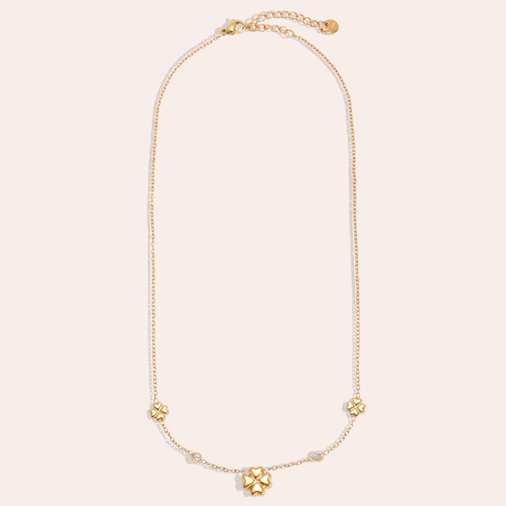 Stainless steel necklace, 41cm, four-leaf clover with zirconia dots