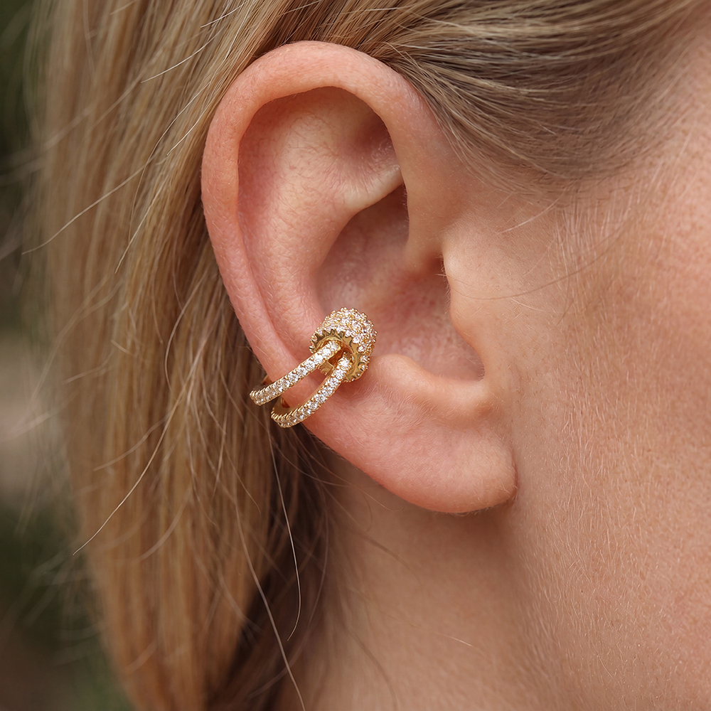 Gold-plated ear cuffs, 15mm, double-layered design with a small circle of cubic zirconia