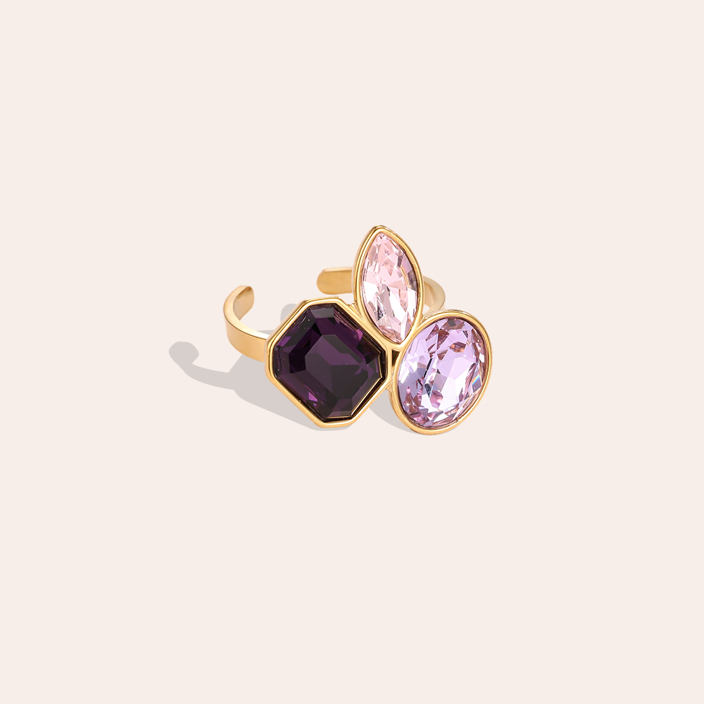 Stainless steel ring, adjustable, with three glass stones in different colours  