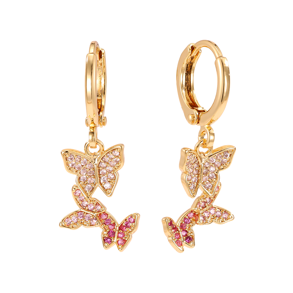 Gold-plated earrings 29mm three zirconia butterflies