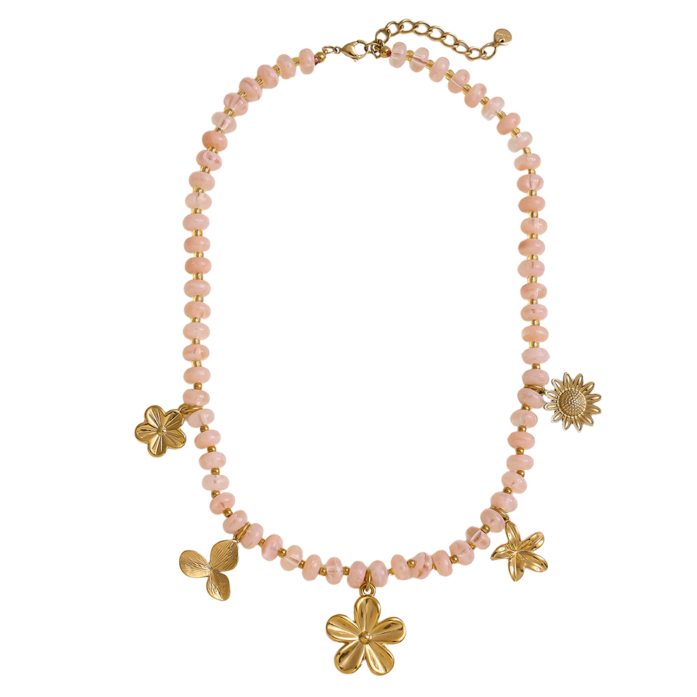 Stainless steel necklace 47cm small acrylic beads and golden flowers