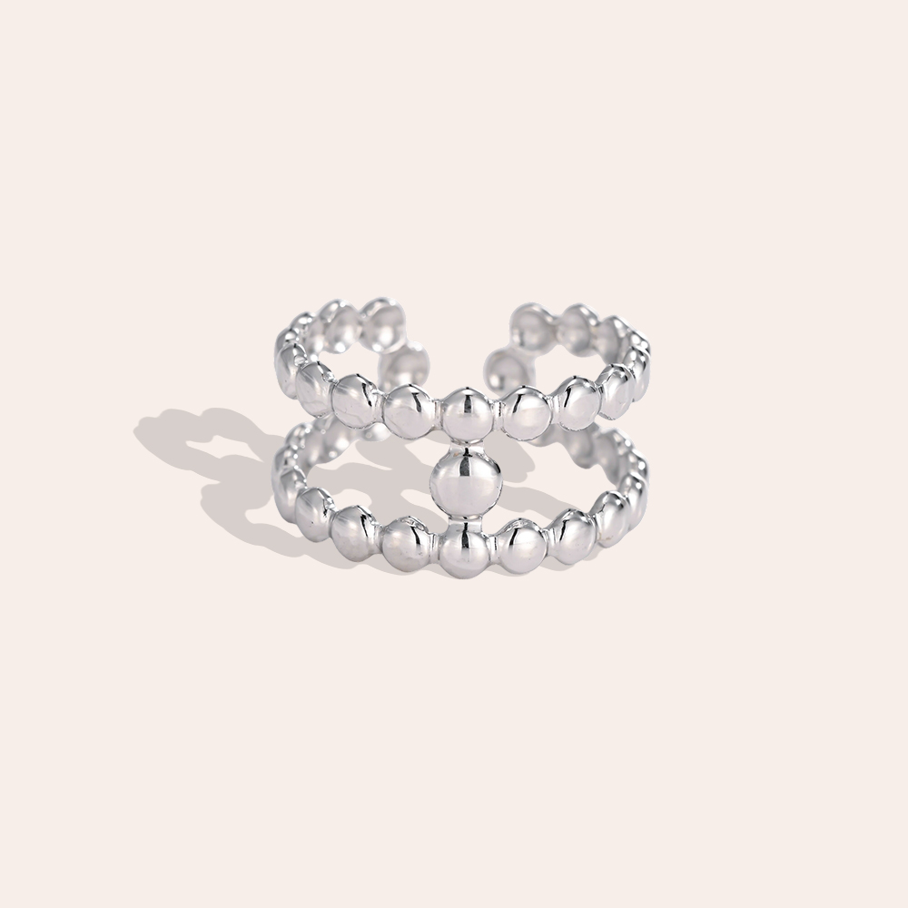 Stainless steel ring, adjustable, small, double row of beads