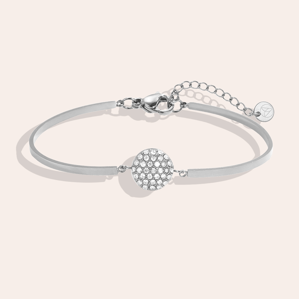 Stainless steel bracelet, adjustable, double-ring design, round, with rhinestones