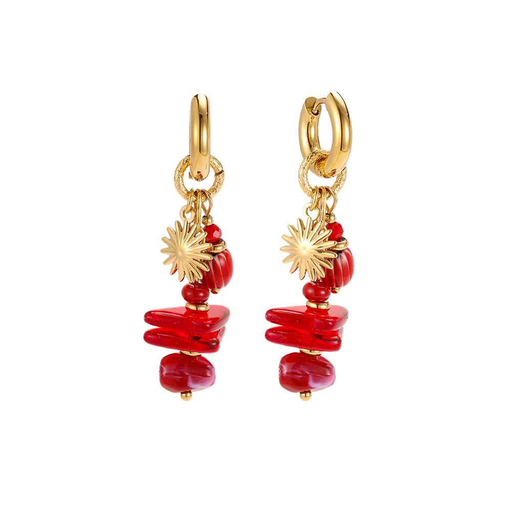 Stainless steel earrings, 48 × 14 mm, gold heart with red decoration