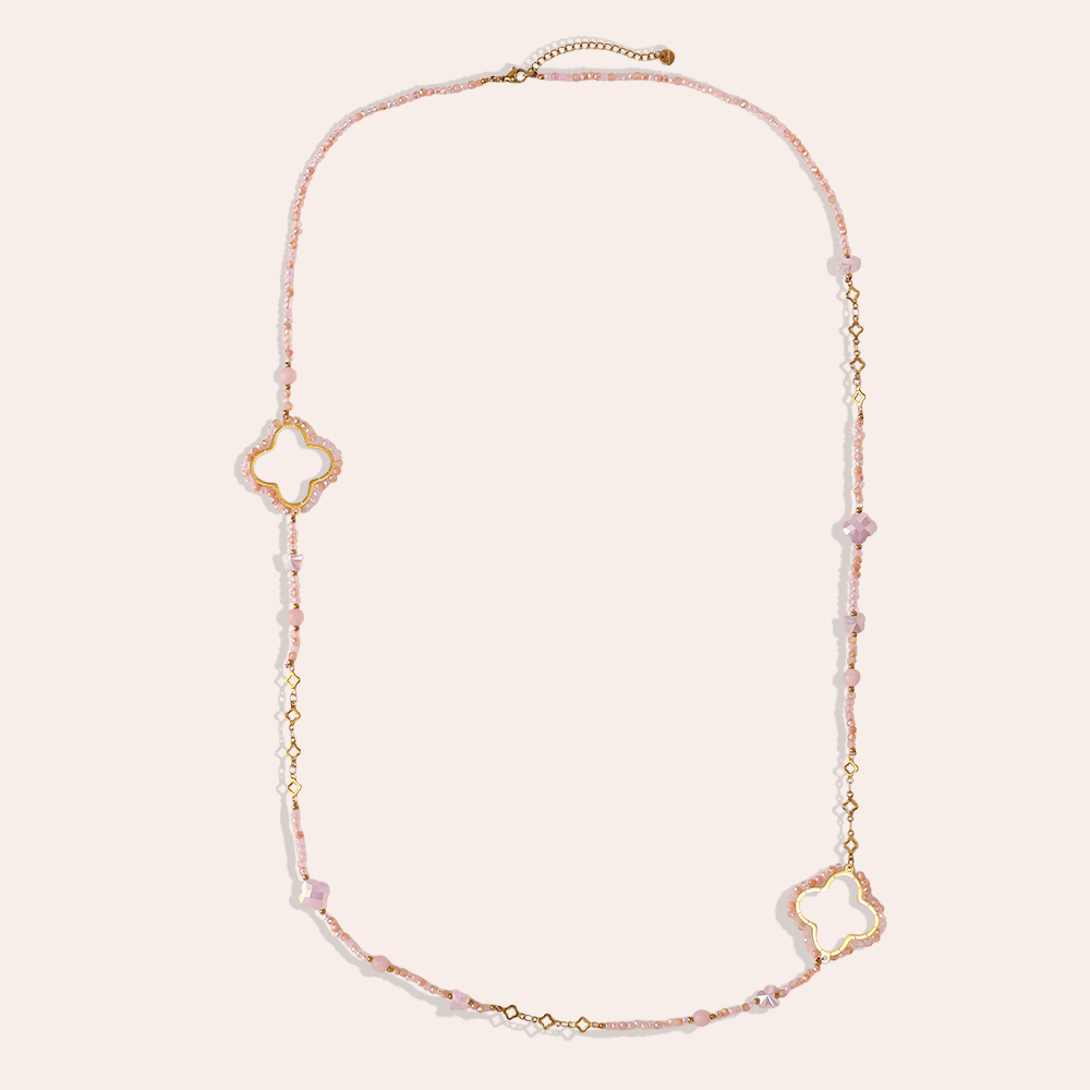 Stainless steel necklace 96cm cloverleaf and crystals