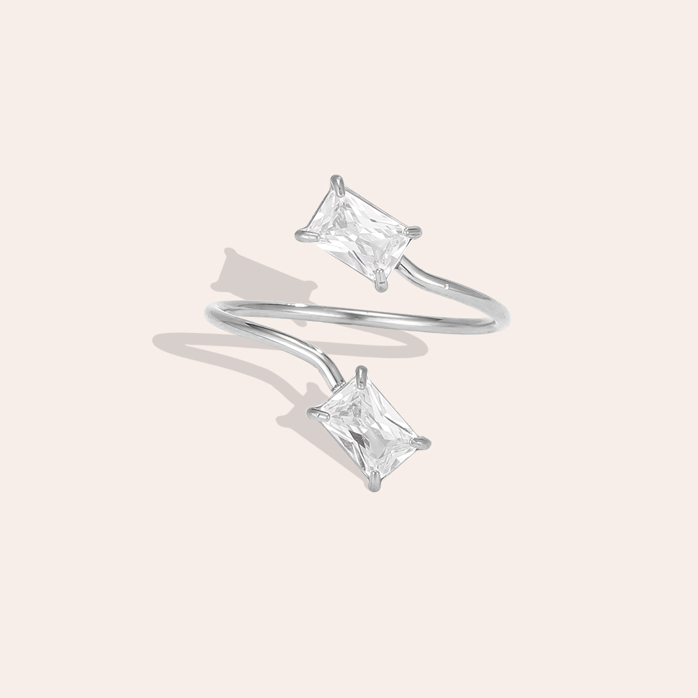 Stainless steel ring, adjustable, with two rectangular zirconia stones