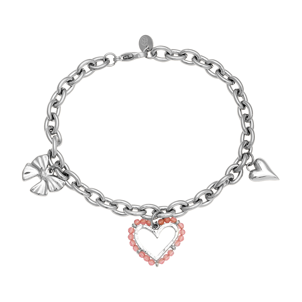 Stainless steel bracelet 17cm Pink Heart And Charms