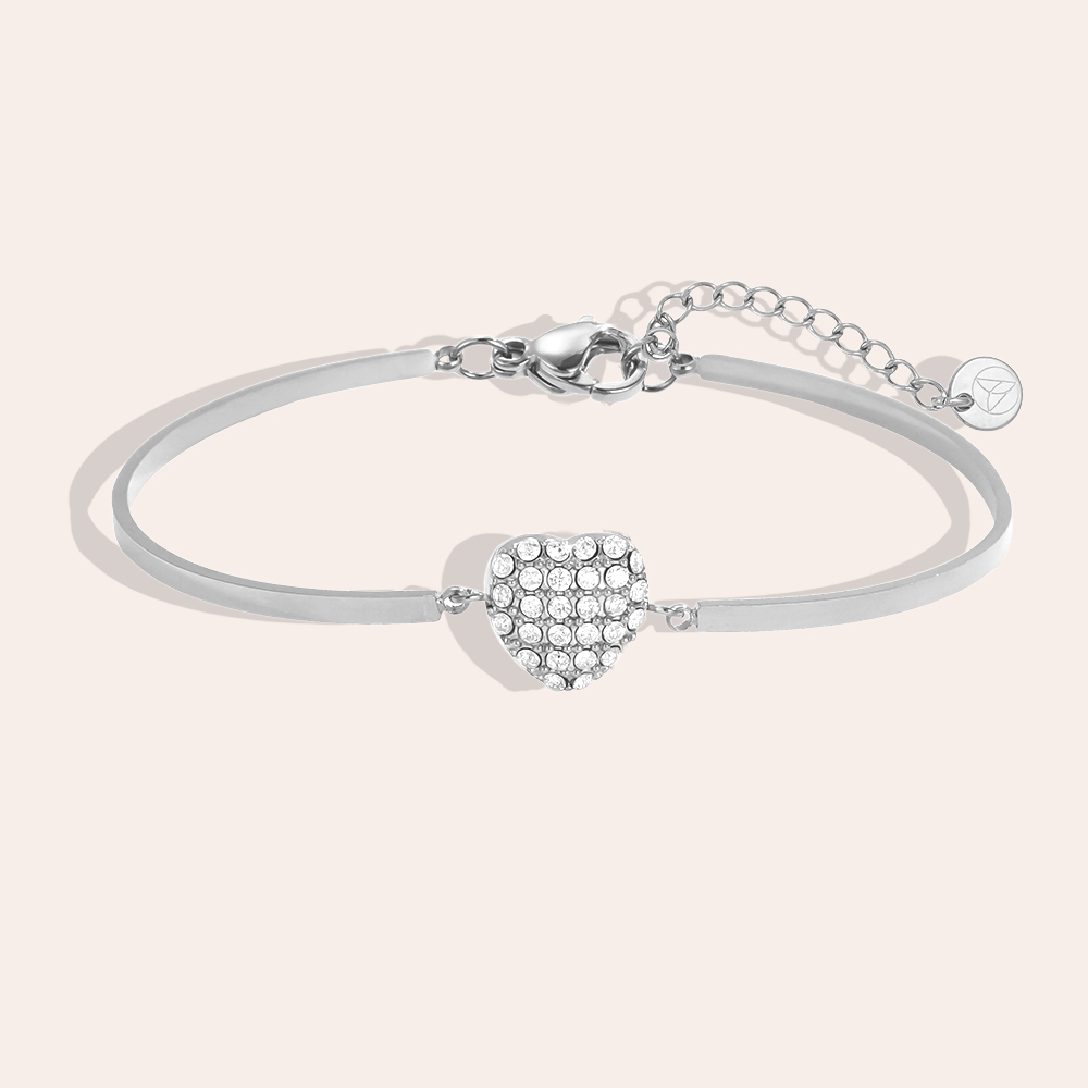 Stainless steel bracelet, adjustable, twin-ring design, heart-shaped rhinestone  