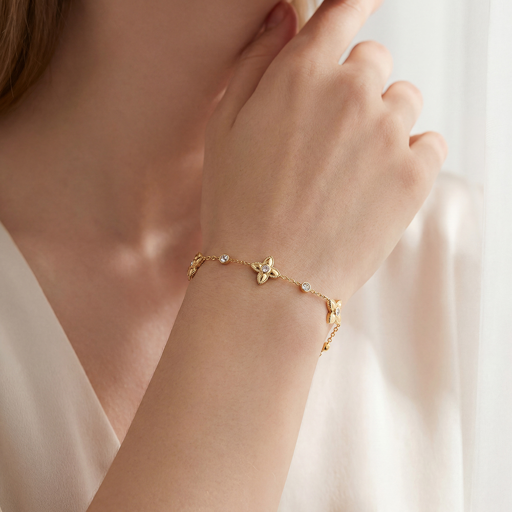 Stainless steel bracelet, 16.5 cm, four-leaf clover with cubic zirconia  